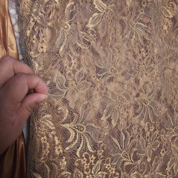 Vintage Elegant Brown And Gold Lace Strapless Dress Evening Gown With Silk Strap - Picture 4 of 13